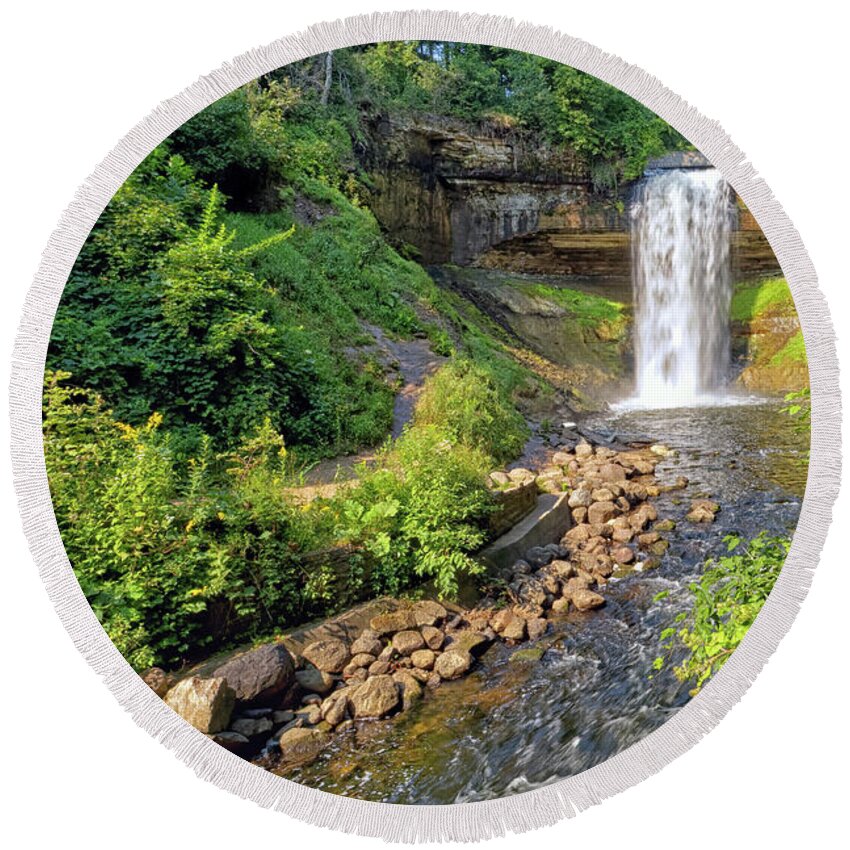 Waterfall Round Beach Towel featuring the photograph Morning at Minnehaha Falls by Natural Focal Point Photography