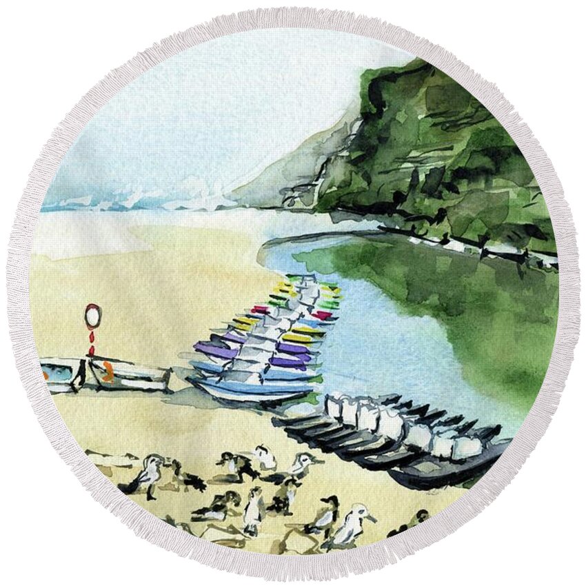 Portugal Round Beach Towel featuring the painting Morning At Porto Novo Beach by Dora Hathazi Mendes
