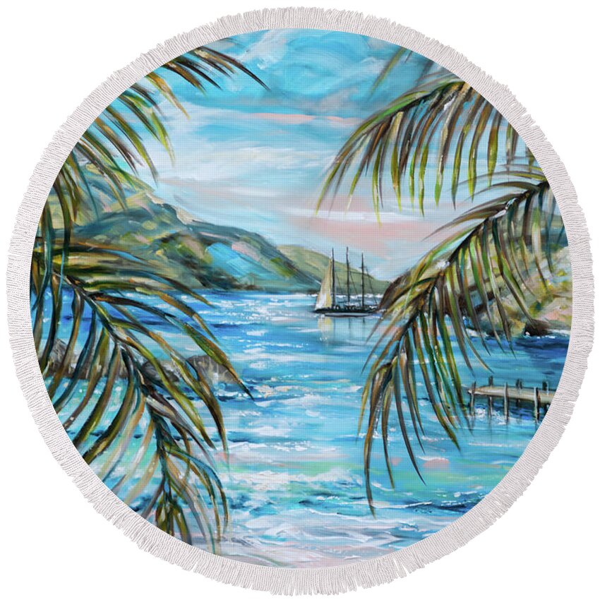 Sailing Round Beach Towel featuring the painting Morning at Turtle Bay by Linda Olsen