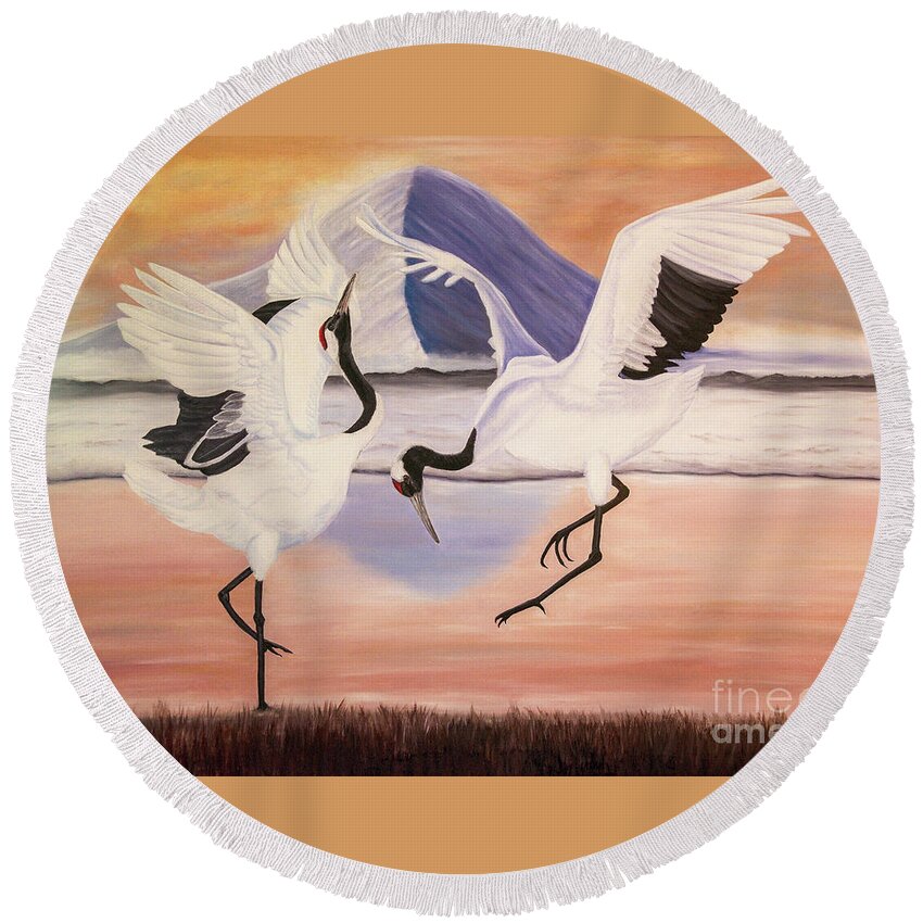 Cranes Round Beach Towel featuring the painting Morning Dance by Jane Axman