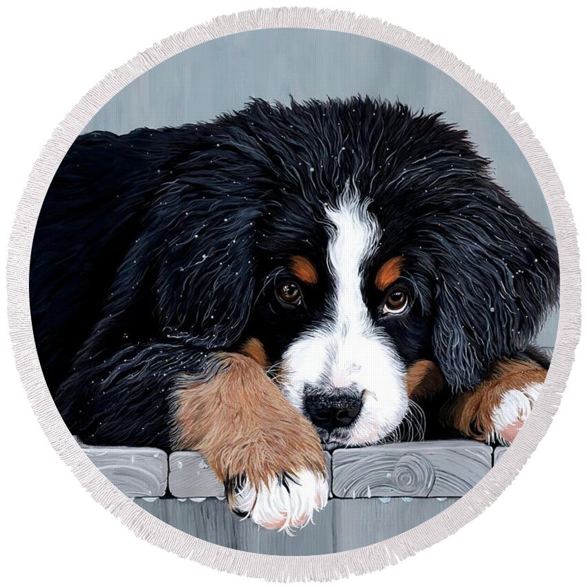 Bernese Mountain Dog Enjoying The Morning Dew On The Deck. Round Beach Towel featuring the painting Morning Dew - Bernese Mountain Dog by Liane Weyers