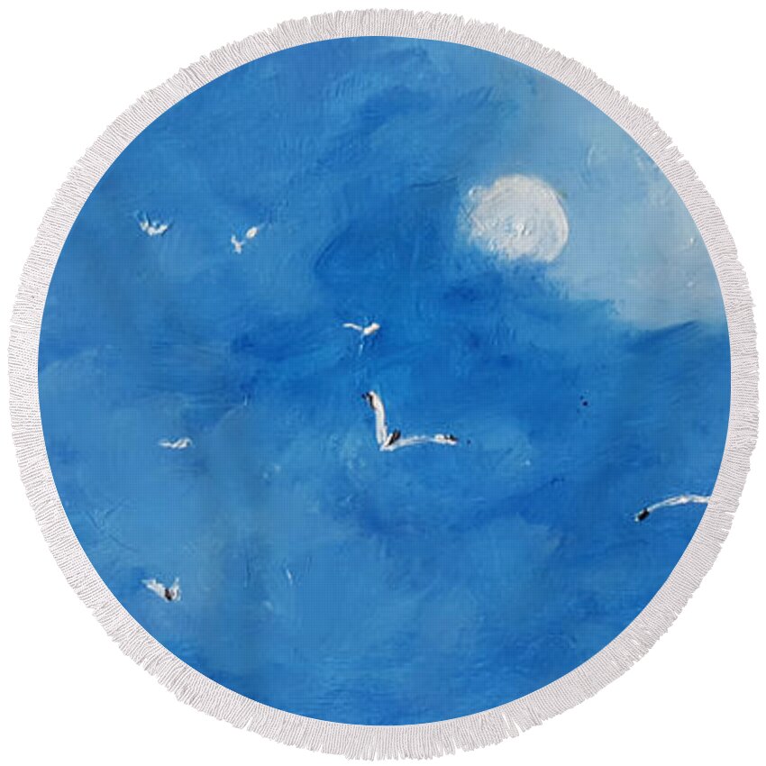 Birds Round Beach Towel featuring the painting Morning Flight by Fred Wilson