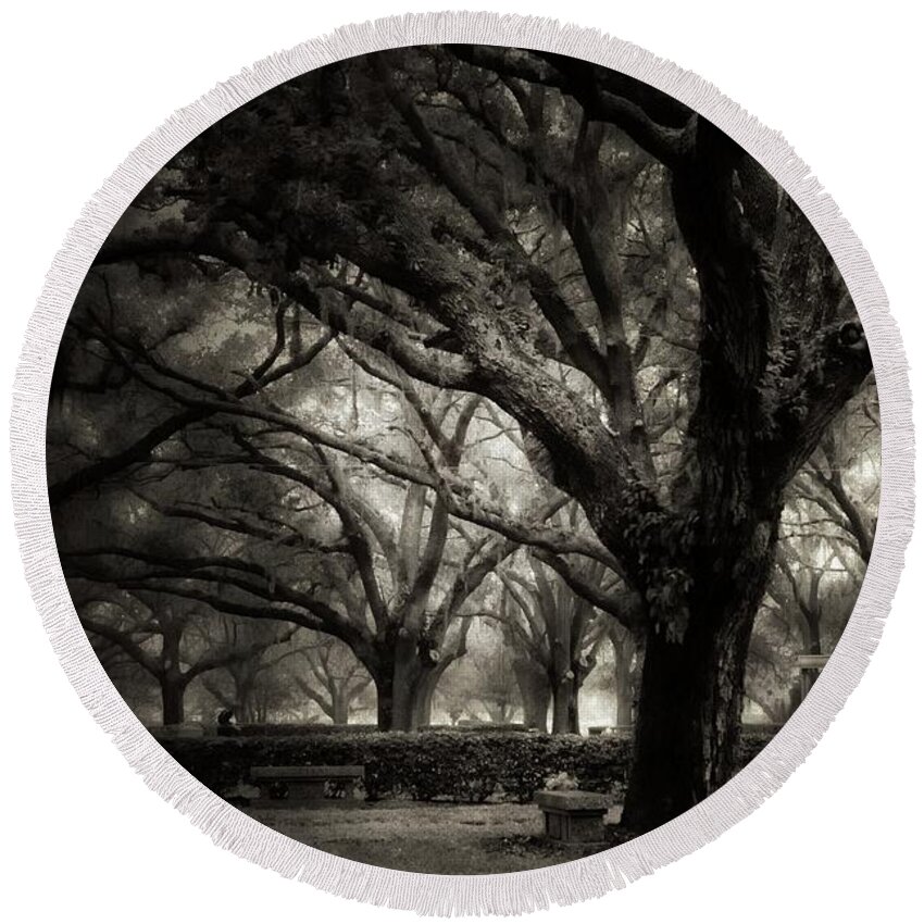  Round Beach Towel featuring the photograph Morning Fog by Stoney Lawrentz