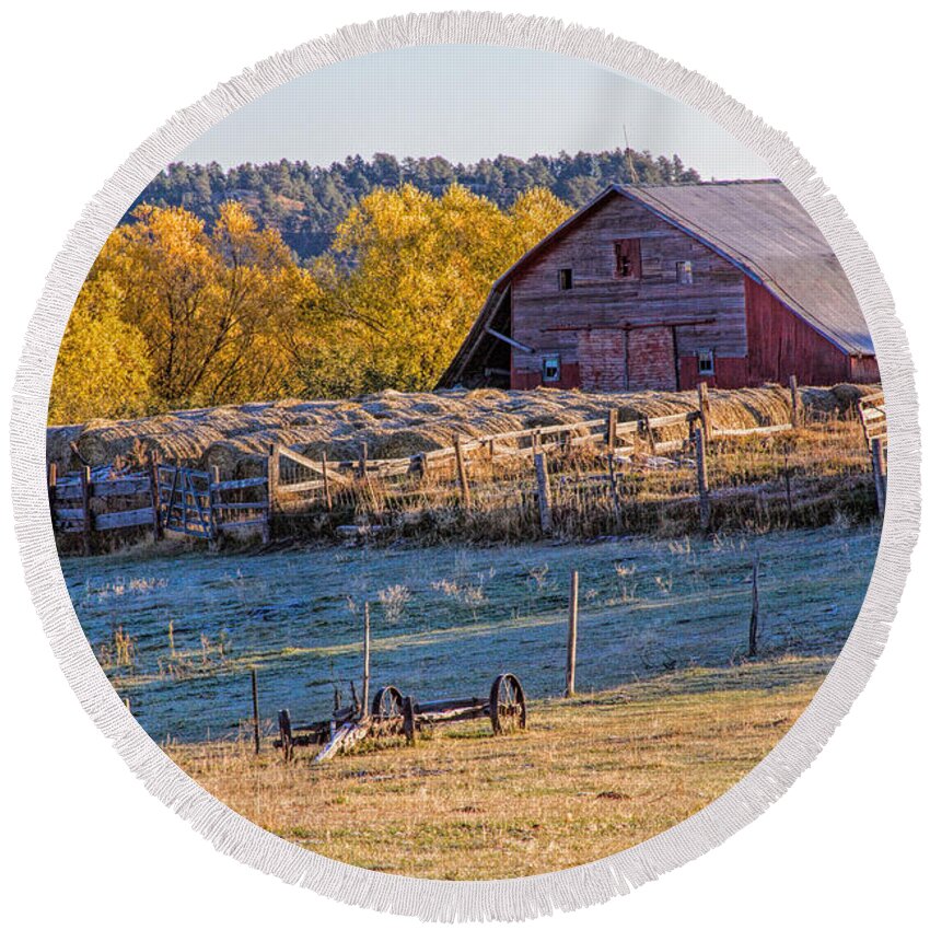 Barn Round Beach Towel featuring the photograph Morning Frost by Alana Thrower