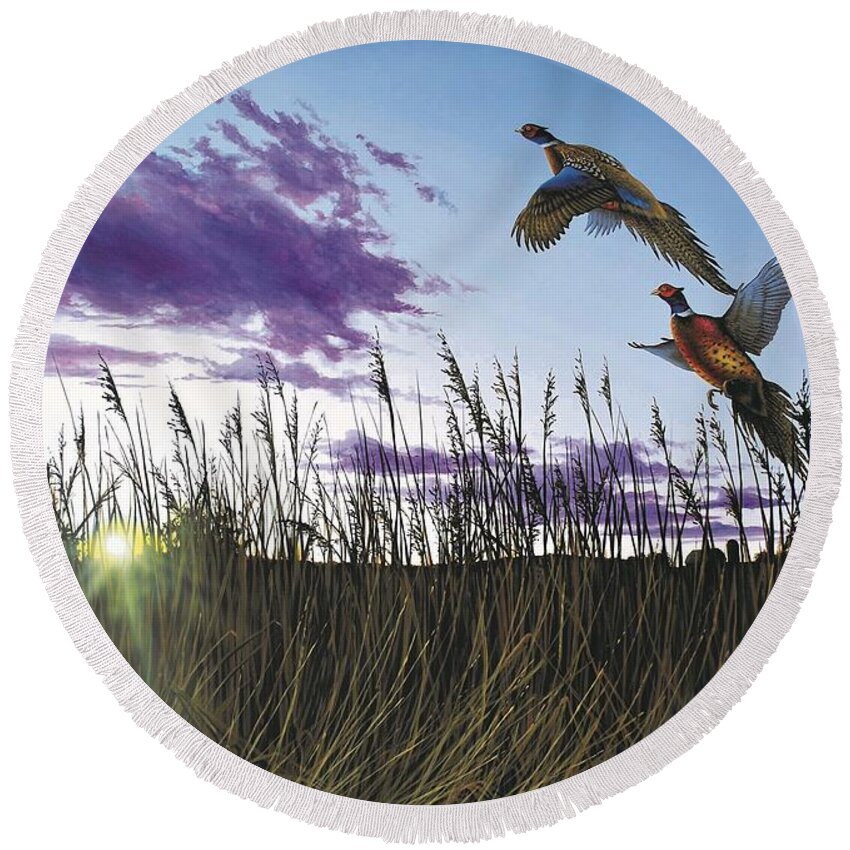 Pheasants Round Beach Towel featuring the painting Morning Glory by Anthony J Padgett