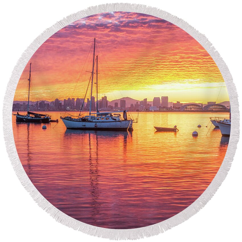 San Diego Round Beach Towel featuring the photograph Morning Glow San Diego Harbor by Joseph S Giacalone