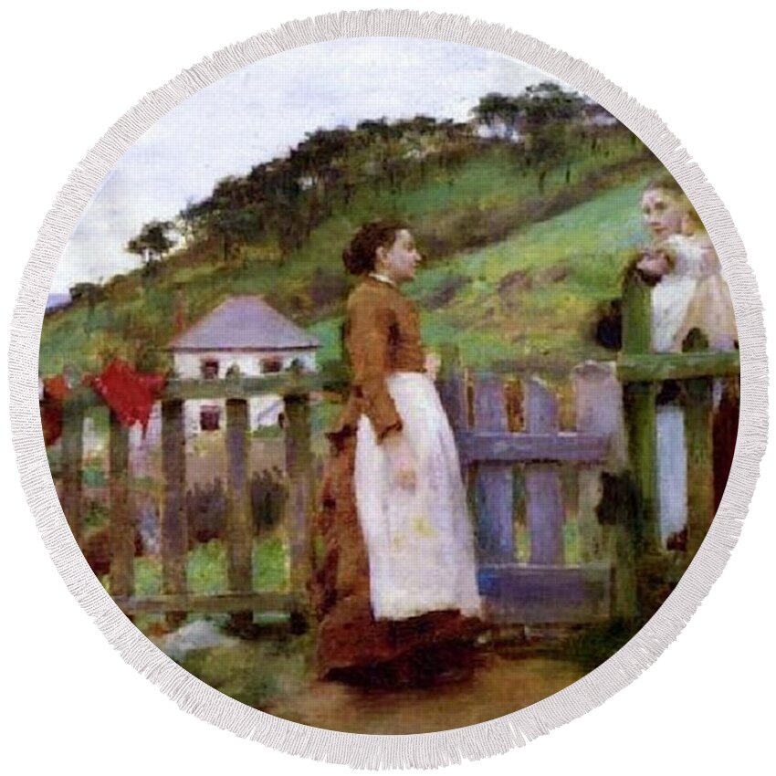 Morning Round Beach Towel featuring the painting Morning Gossip by Henry Scott Tuke