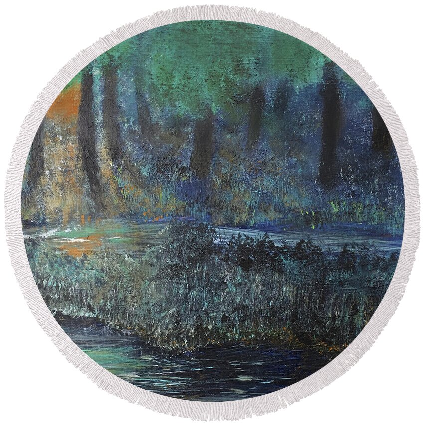 Forest Round Beach Towel featuring the painting Sunset in the Marsh by Dick Bourgault