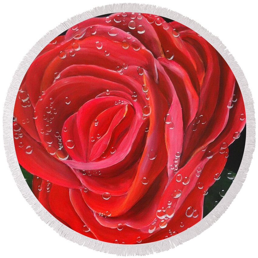 Red Rose Round Beach Towel featuring the painting Morning Jewel by Karen Jane Jones