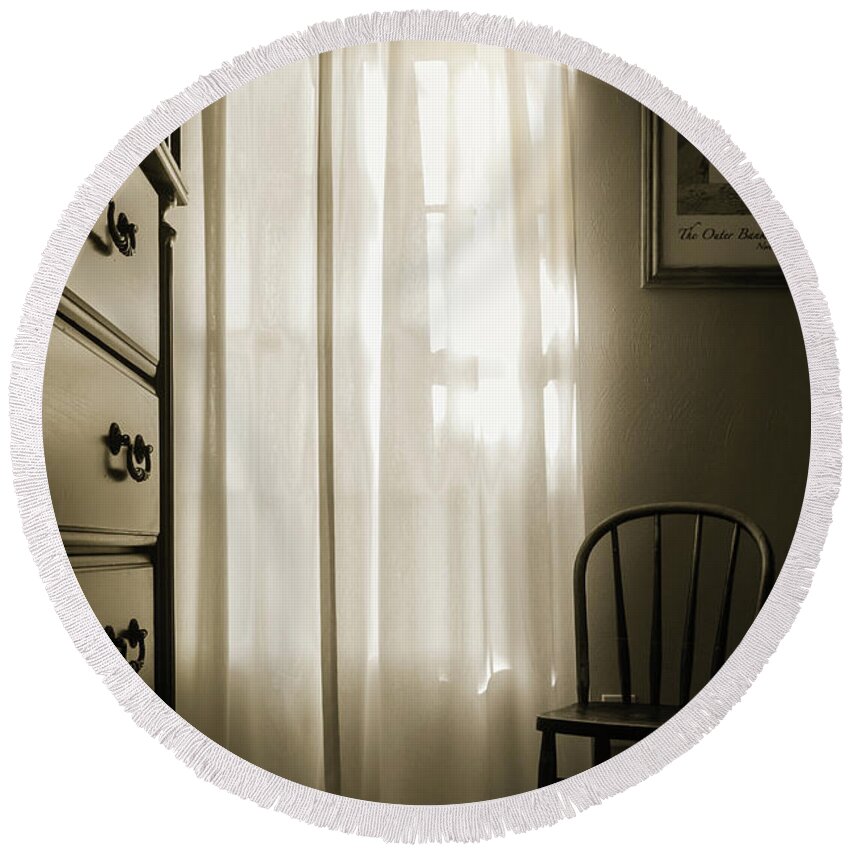 Bedroom Round Beach Towel featuring the photograph Morning Light Through the Window by Joni Eskridge