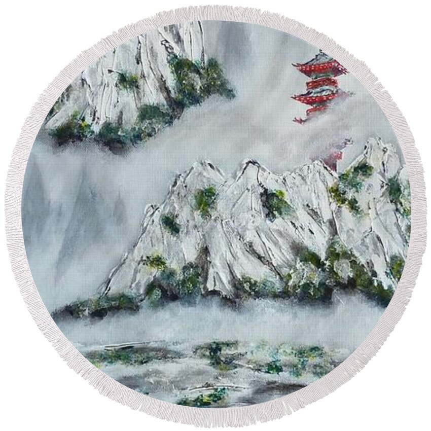 Morning Mist Round Beach Towel featuring the painting Morning Mist 1 by Amelie Simmons