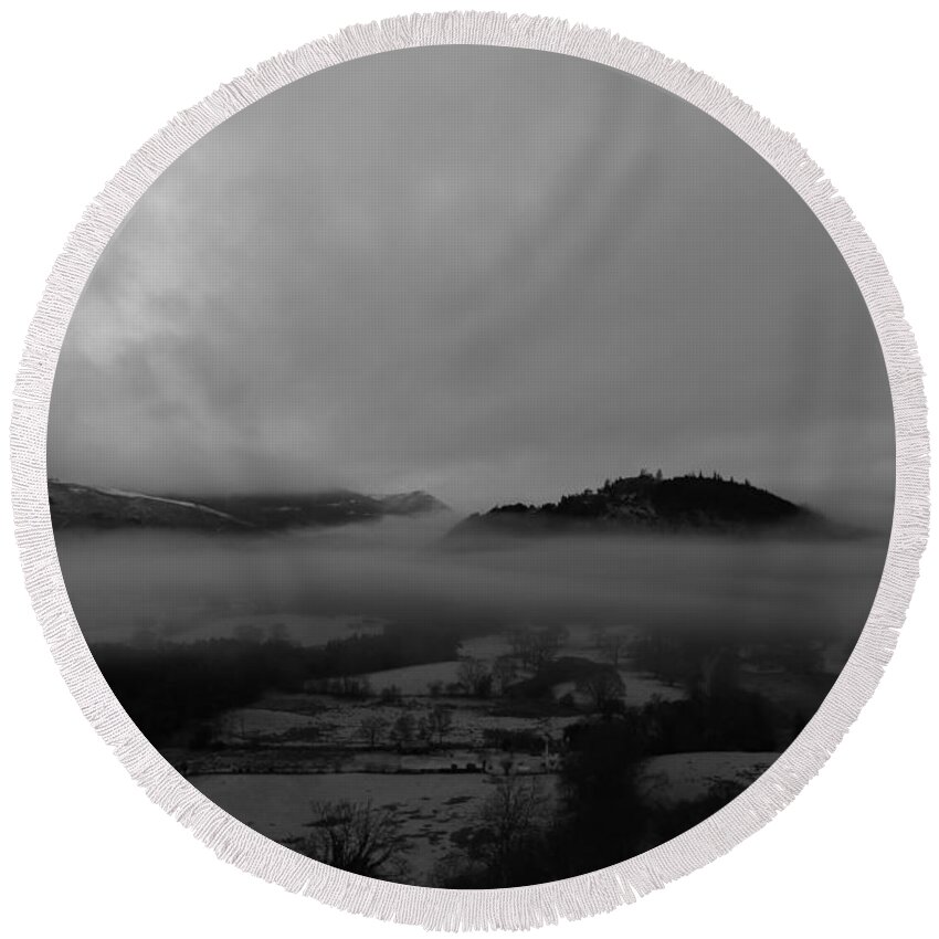 Nature Round Beach Towel featuring the photograph Morning mist black and white by Lukasz Ryszka