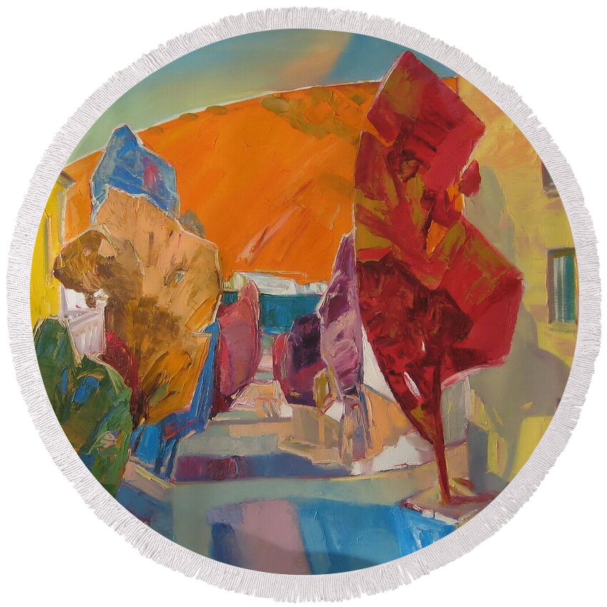 Landscape Round Beach Towel featuring the painting Morning of the streets by Sergey Ignatenko