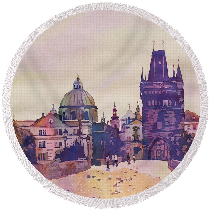 Prague Round Beach Towel featuring the painting Morning on the St. Charles Bridge by Jenny Armitage