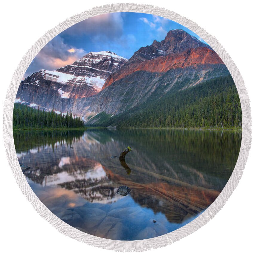  Round Beach Towel featuring the photograph Morning Reflections In Cavell Pond by Adam Jewell