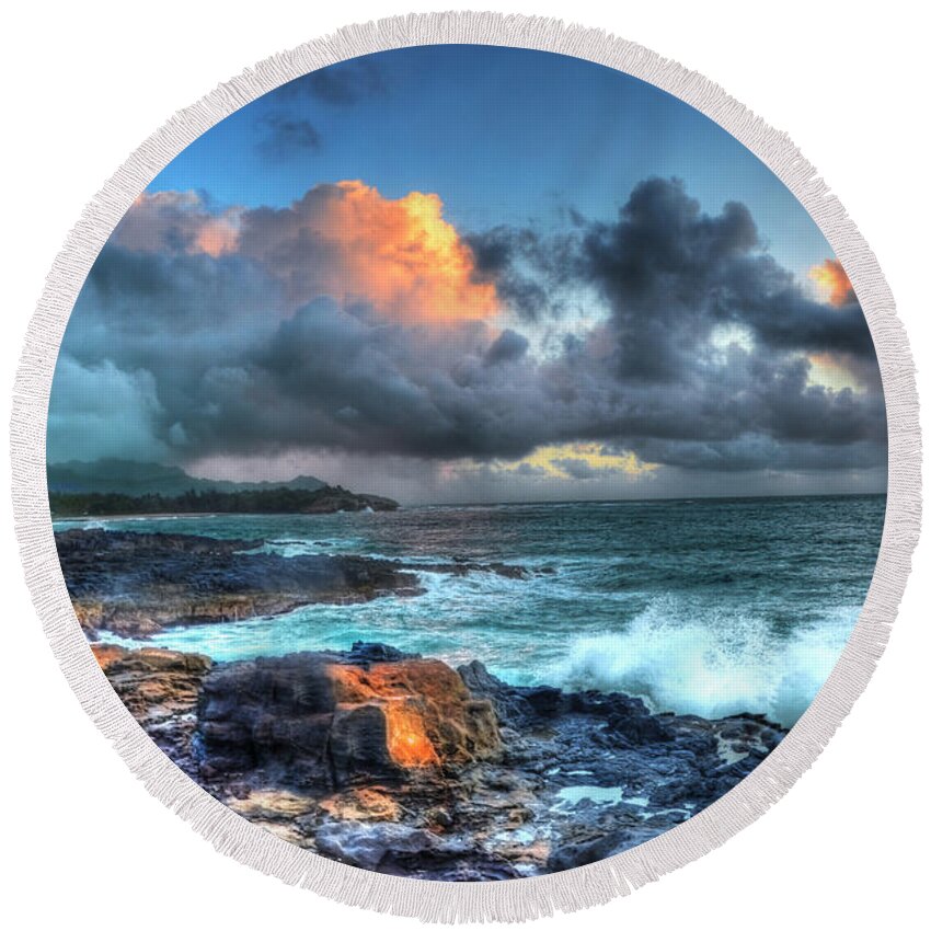 Landscape Round Beach Towel featuring the photograph Morning Storm Poipu Kauai by Lawrence Knutsson