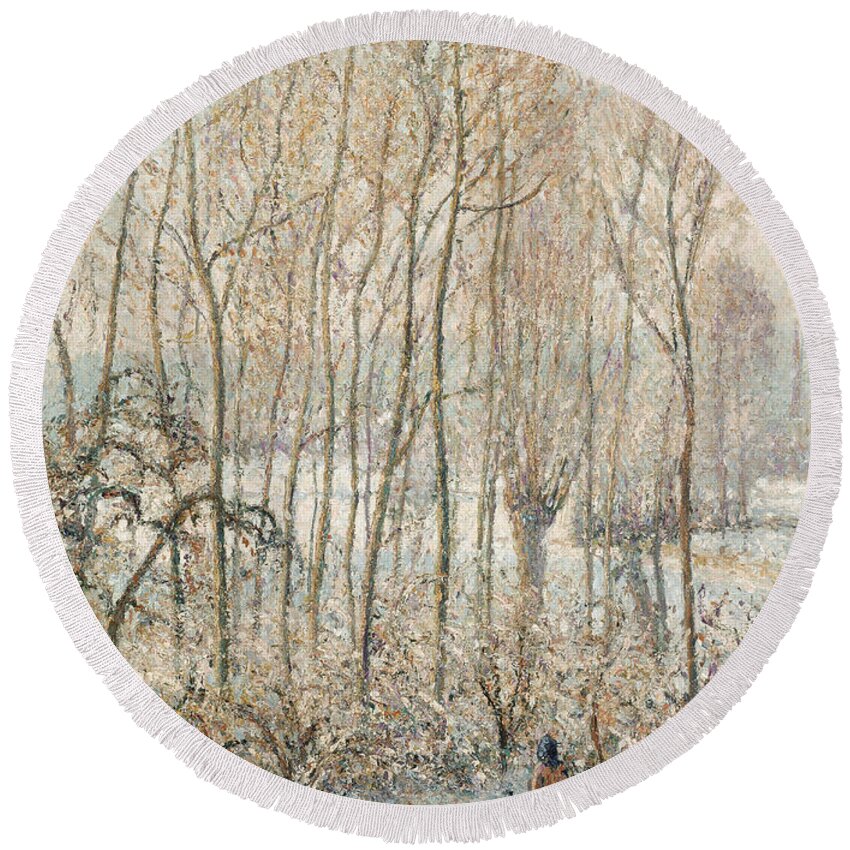 Camille Pissarro Round Beach Towel featuring the painting Morning Sunlight on the Snow Eragny sur Epte by Camille Pissarro