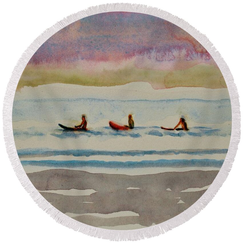 Surfer Paintings Round Beach Towel featuring the painting Morning surfers 8-16-17 Julianne Felton by Julianne Felton
