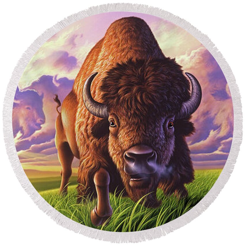 Buffalo Round Beach Towel featuring the painting Morning Thunder by Jerry LoFaro