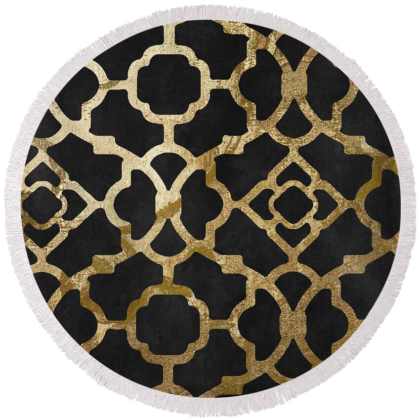 Black And Gold Pattern Round Beach Towel featuring the painting Moroccan Gold III by Mindy Sommers