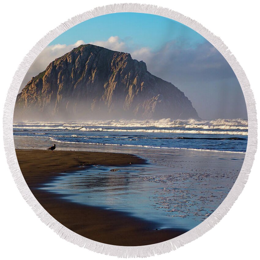 Morro Bay Round Beach Towel featuring the photograph Morro Rock and the Shoreline by Mimi Ditchie