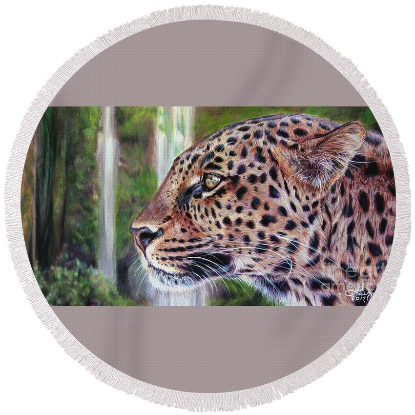 Leopard Round Beach Towel featuring the painting Mosaic by Lachri
