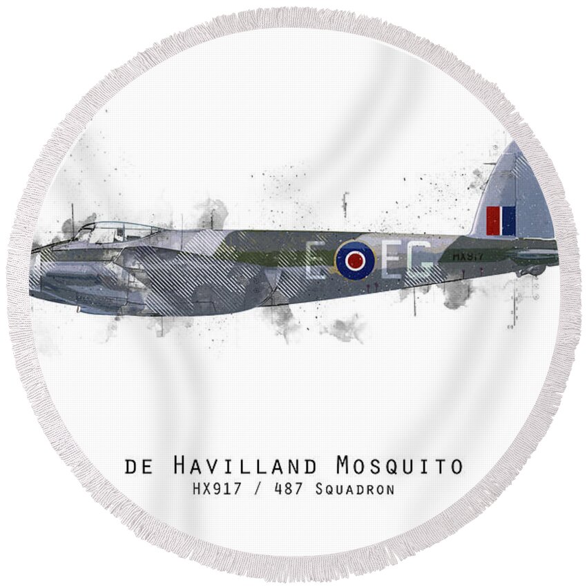 De Havilland Mosquito Round Beach Towel featuring the digital art Mosquito Sketch - HX917 by Airpower Art