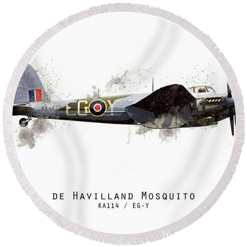 De Havilland Mosquito Round Beach Towel featuring the digital art Mosquito Sketch - KA114_EGY by Airpower Art
