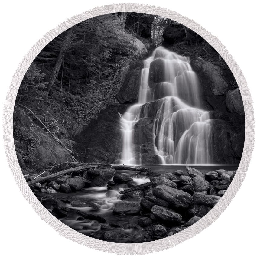 Vermont Round Beach Towel featuring the photograph Moss Glen Falls - Monochrome by Stephen Stookey