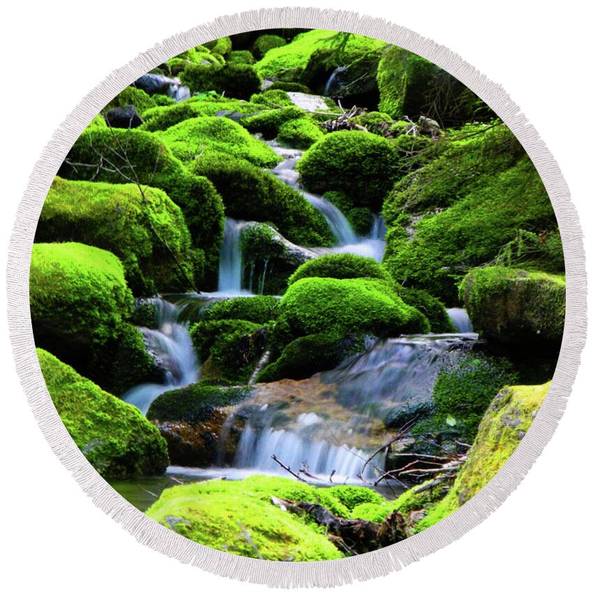 River Rocks Round Beach Towel featuring the photograph Moss Rocks and River by Raymond Salani III
