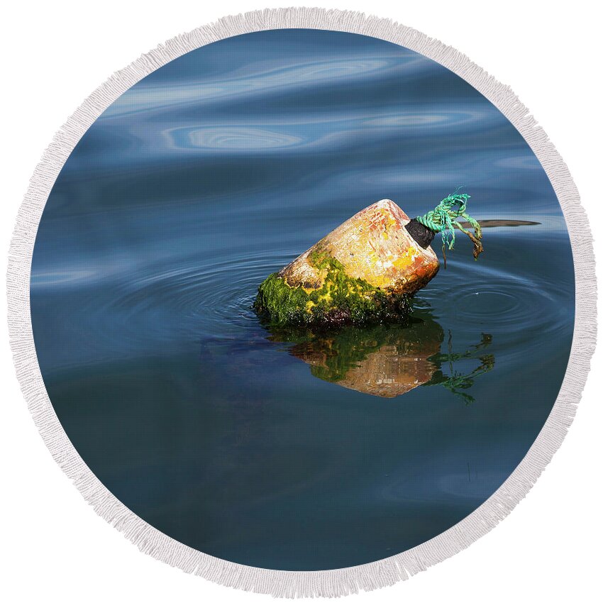 Port San Luis Round Beach Towel featuring the photograph Mossy Buoy by Art Block Collections