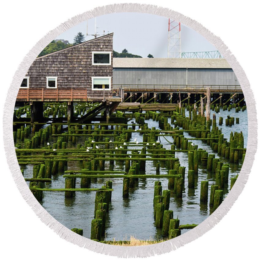 Mossy Pilings Round Beach Towel featuring the photograph Mossy Pilings by Tom Cochran