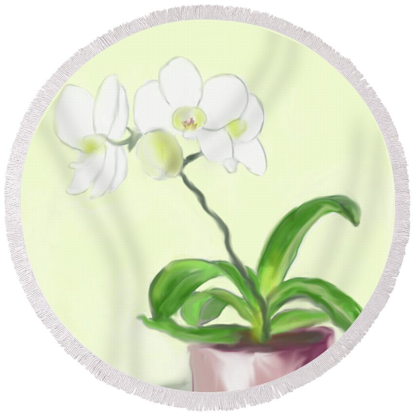 White Round Beach Towel featuring the painting Moth Orchid by Jean Pacheco Ravinski