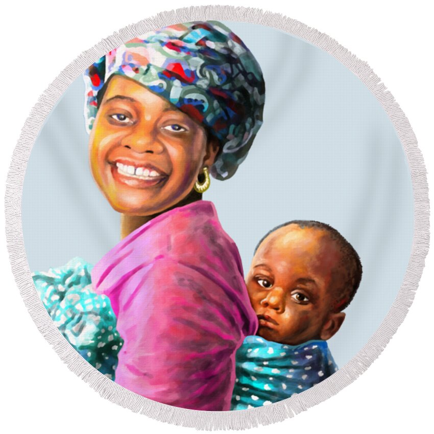 Africa Round Beach Towel featuring the painting Mother and Child by Anthony Mwangi