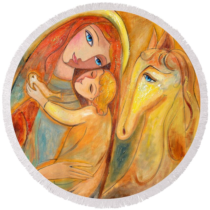 Mother And Child Round Beach Towel featuring the painting Mother and Child on horse by Shijun Munns