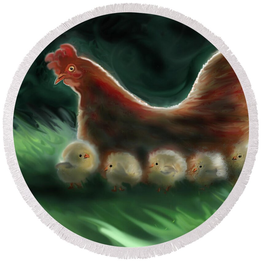 Hen Round Beach Towel featuring the painting Mother Hen by Jean Pacheco Ravinski