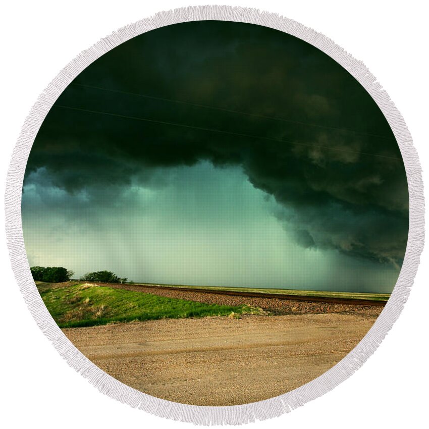Landscape Round Beach Towel featuring the photograph Mother Nature Arrives by Rail by Brian Gustafson