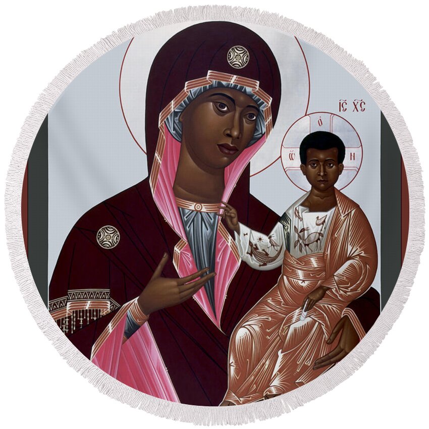 Mother Of God: Protectress Of Oppressed Round Beach Towel featuring the painting Mother of God - Protectress of the Oppressed - RLPOO by Br Robert Lentz OFM