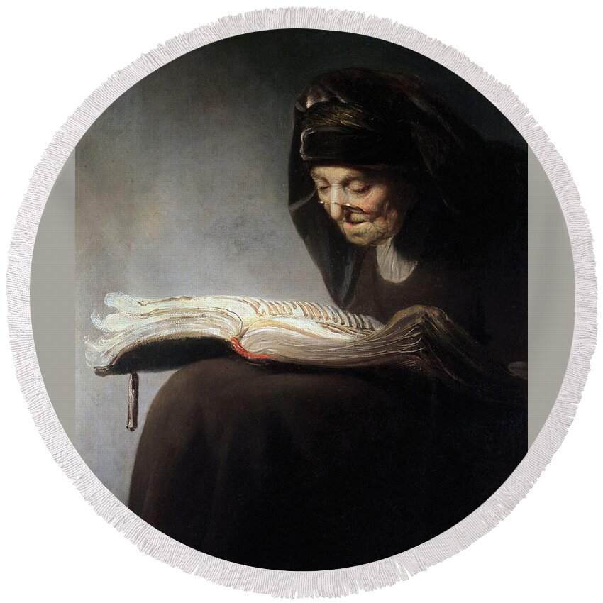 Rembrandt's Mother Reading By After Rembrandt Round Beach Towel featuring the painting Mother Reading by Rembrandt