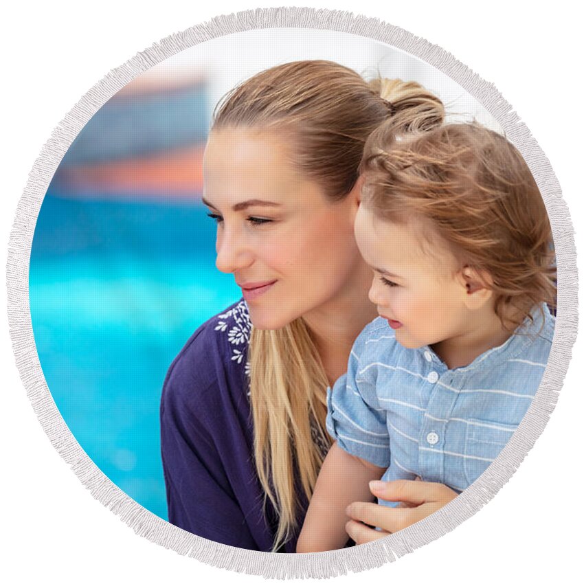 Baby Round Beach Towel featuring the photograph Mother with son near pool by Anna Om