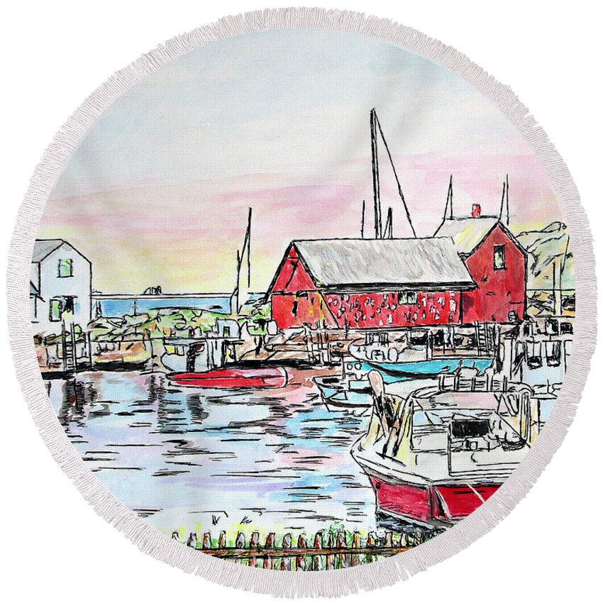 Pen Round Beach Towel featuring the drawing Motif #1 Rockport, Massachusetts by Michele A Loftus
