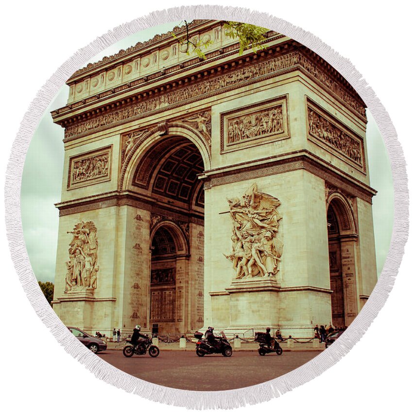 Arc De Triomphe Round Beach Towel featuring the photograph Motorcycles and The Arc de Triomphe by Marina McLain