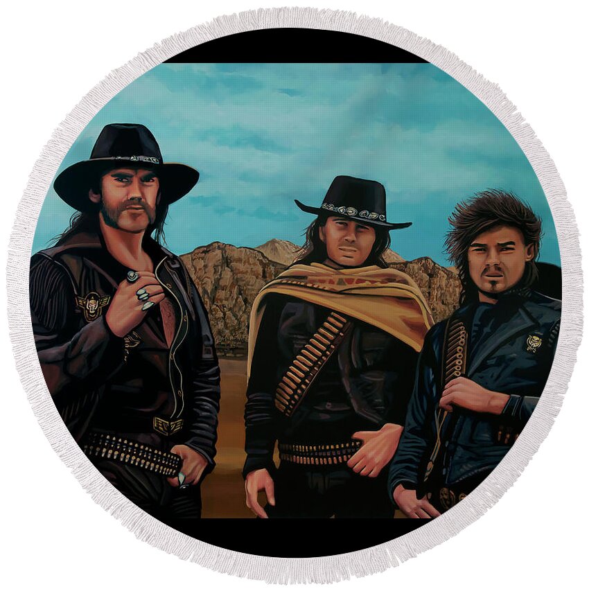Lemmy Kilmister Round Beach Towel featuring the painting Motorhead Painting by Paul Meijering
