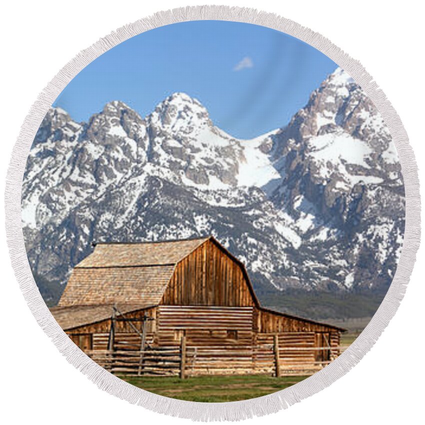 Mormon Row Panorama Round Beach Towel featuring the photograph Moulton Barn Homestead Spring Panorama by Adam Jewell