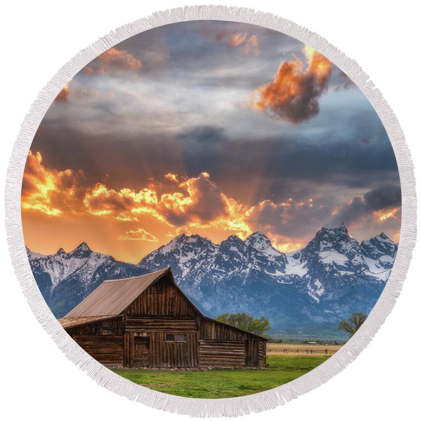 Moulton Barn Round Beach Towel featuring the photograph Moulton Barn Sunset Fire by Darren White