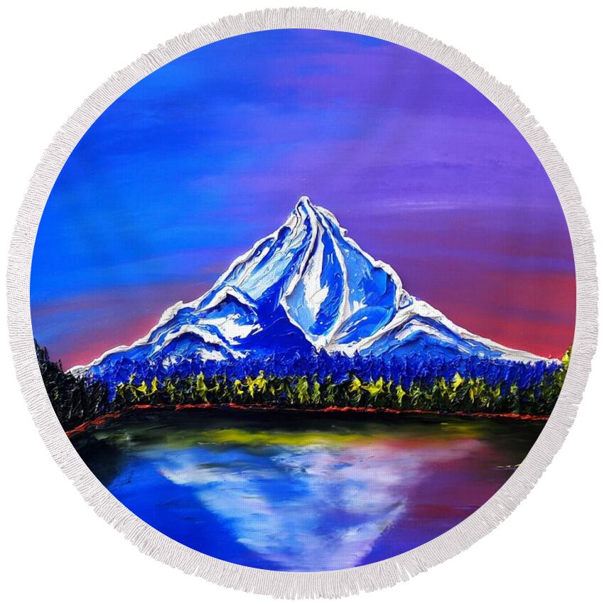 Round Beach Towel featuring the painting Mount Hood At Dusk #77 by James Dunbar