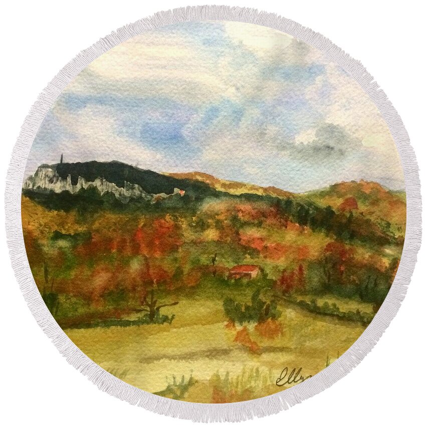 Mt Mohonk Round Beach Towel featuring the painting Mount Mohonk New Paltz Autumn by Ellen Levinson