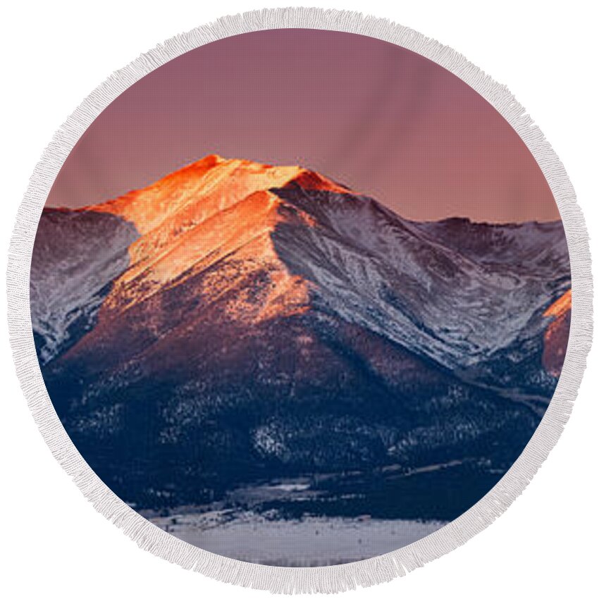 Pano Round Beach Towel featuring the photograph Mount Princeton Moonset at Sunrise by Darren White