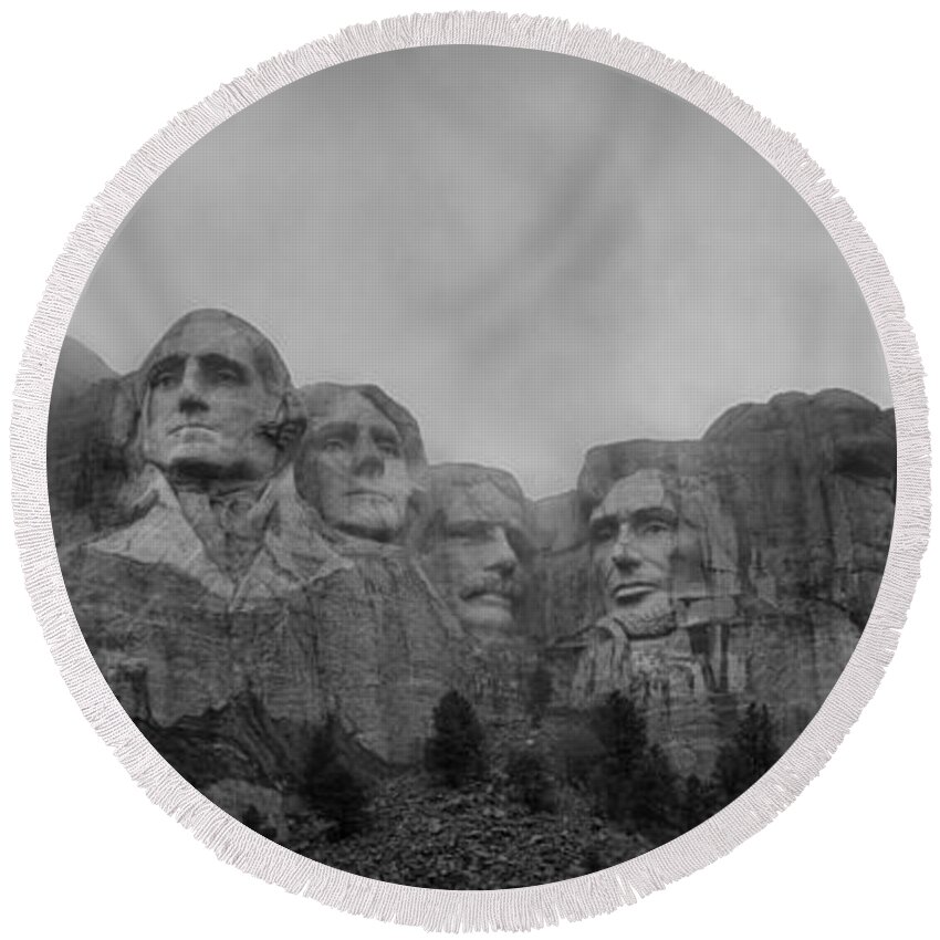 Mount Rushmore Break In The Clouds Round Beach Towel featuring the photograph Mount Rushmore Break In The Clouds Pano BW by Michael Ver Sprill