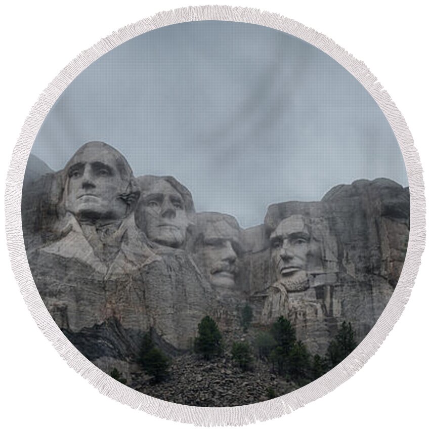 Mount Rushmore Break In The Clouds Round Beach Towel featuring the photograph Mount Rushmore Break In The Clouds Pano by Michael Ver Sprill
